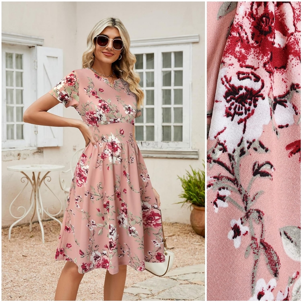 NWT Yathon Pink Crepe Floral A V Short Sleeve Swing Flowy Flare Midi Dress L